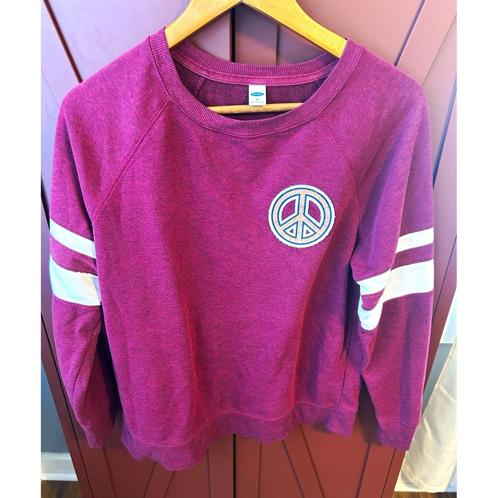 Old Navy Womens M Burgundy Sweatshirt Peace Sign Varsity Stripe Pullover